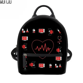 

Customized Girls Mini Black Backpack Women PU Leather Shoulder Backpack for Female Cartoon Nurse Heart Printing Rucksack Bolsa