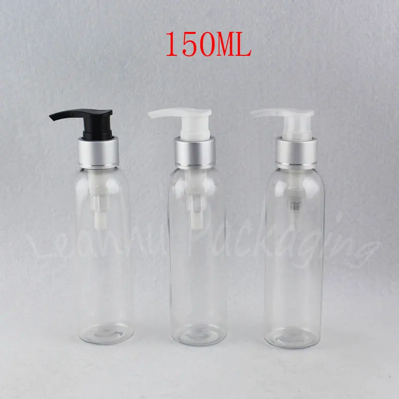 

150ML Transparent Plastic Bottle With Silver Lotion Pump , 150CC Empty Cosmetic Container , Shampoo / Lotion Sub-bottling
