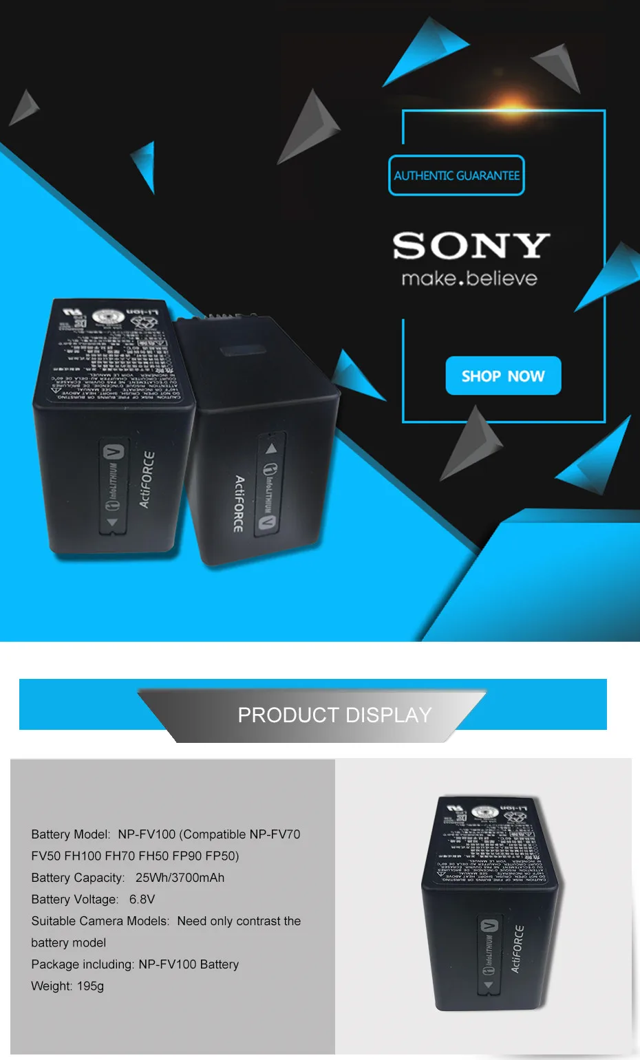 Sony NP-FV100 NPFV100 NP FV100 FV30 FV50 FV70 FP50 FP90 FP91 FH50 FH70 FH60 FH100 HDR-CX170 HDR-CX300 CX170