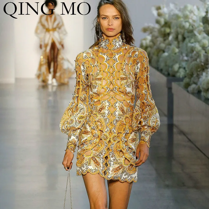 

QING MO Women Golden Hollow Out Dress With Metal Beading Women Stand Neck Puff Sleeve Dress Full Length Above Knee Dress ZQY954