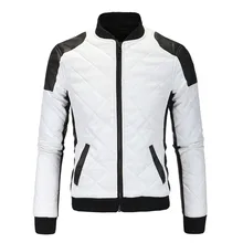 Новинка года для мужчин мужские парки Черный, белый цвет лоскутное PU пальто стоячим воротником на молнии Rugelar костюмы мужской плед украш