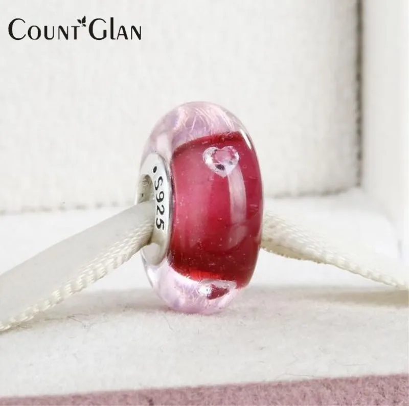

2017 Valentine's Day 925 Sterling Silver CZ Heart Cerise Murano Glass Charm Beads For Jewelry Making Fit Pandora Bracelet Women