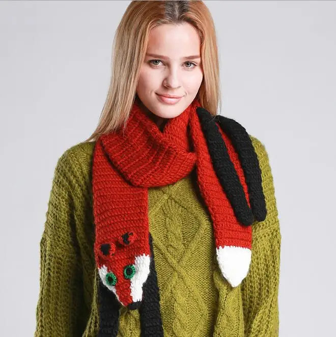 Fashion New Woman Manual Knitted Wool Scarf Fox Crocodile Cat Panda Cute Animal Pattern Female Fashion Winter Warm Long Scarves