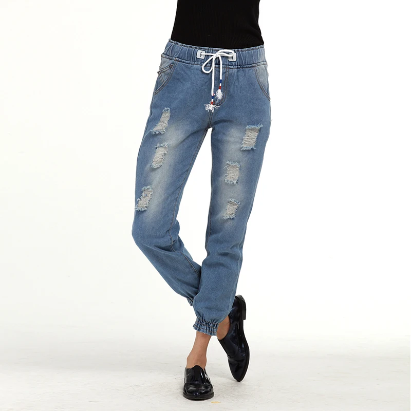 

BONJEAN Fashion Drawstring Elastic Waist Jeans Women 2017 Boyfriend Ripped Vintage High Waist Jeans Plus Size Pencil Pants