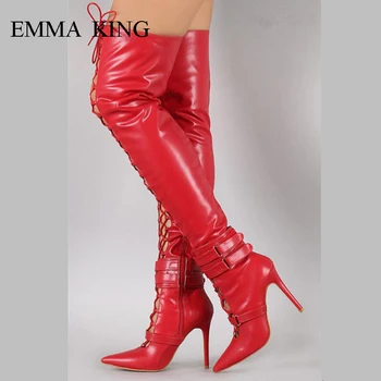 

EMMA KING Thigh High Over the Knee Boots for Women Shoes Cross-tied Pointed Toe Super Thin High Heels Long Boots Bottine Femme