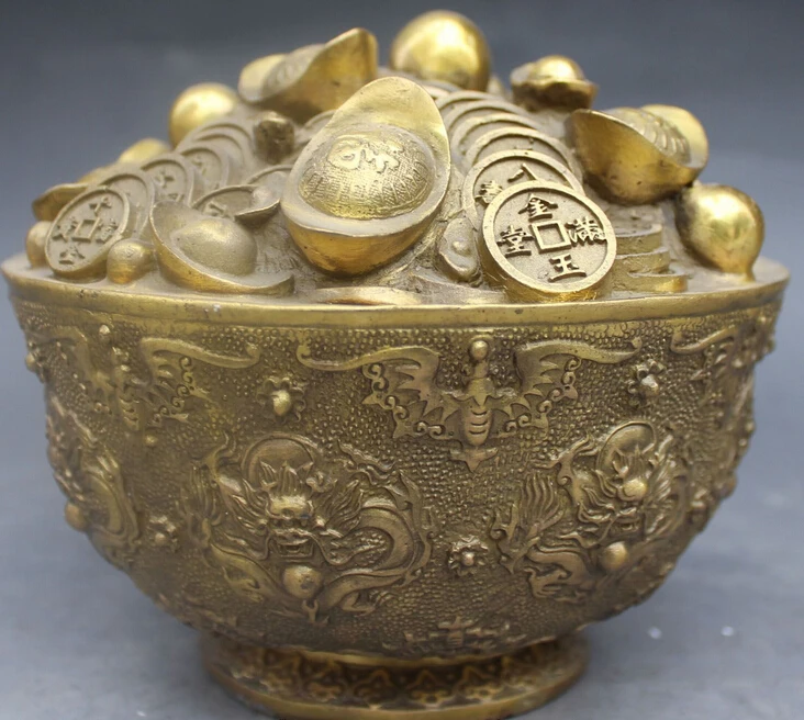 

zhaorui6620++6" Chinese Bronze Bat Dragon Wealth YuanBao Coin Money Treasure Bowl Statue