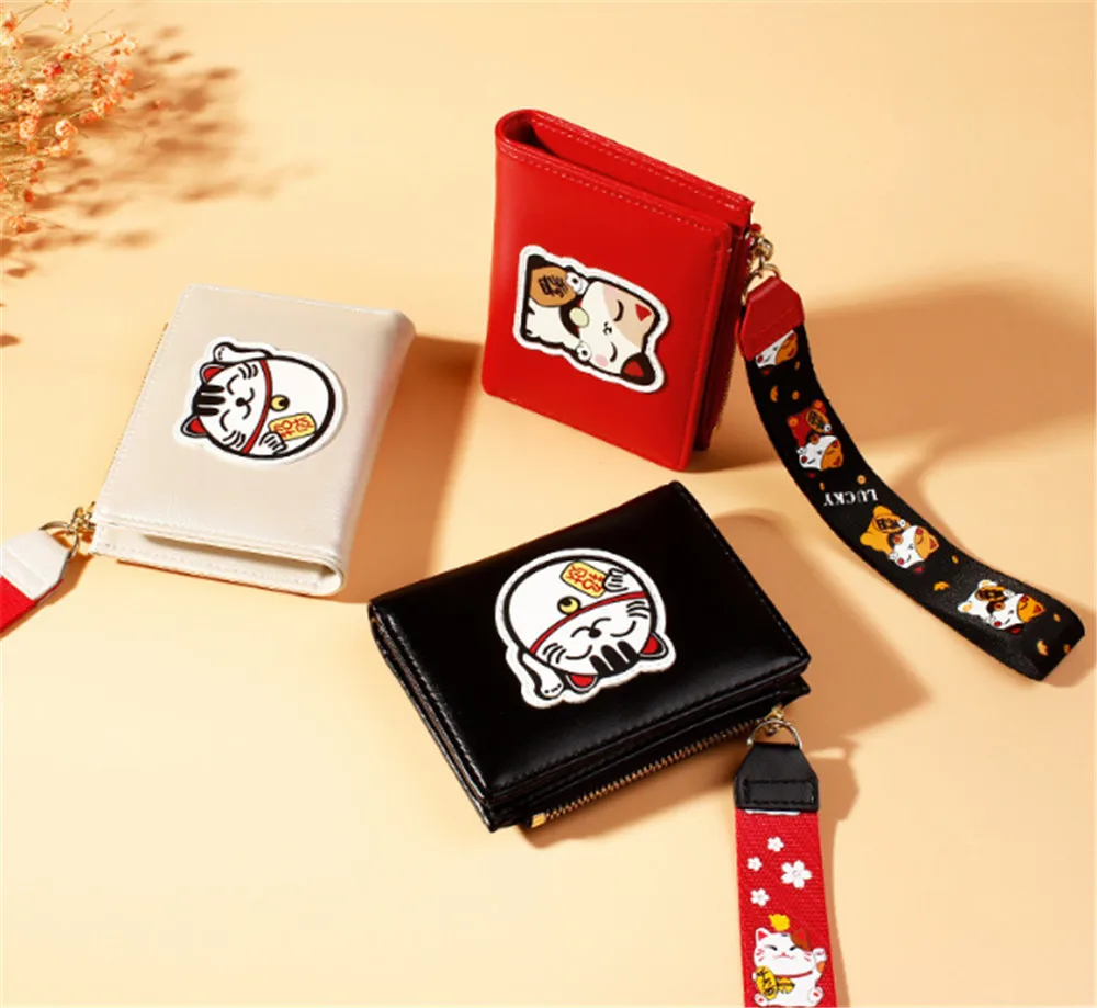 

Card love female wallet cartoon print buckle short paragraph purse lucky cat carteira double folding clutch bag mini bag