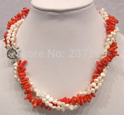 

HOT## Wholesale XSZ2014 ^^3 Rows Genuine White Pearl Red Coral White Gold Plated Clasp Necklace