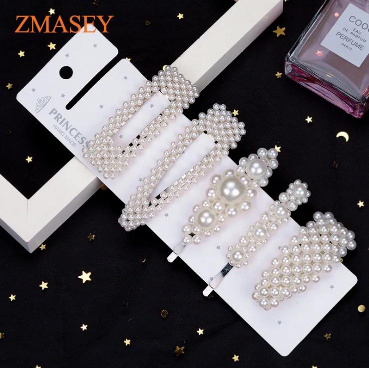 Free shippin 1Set Fashion Solid Pearl Hair Clip for Women Charm Hairpins Snap Barrettes Trendy Handmade Hair Styling Accessories