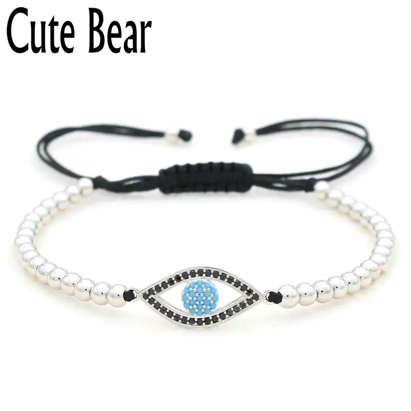 Cute Bear Brand Pure Hand Woven Rope Bracelet Fashion 4mm Copper Beads Micro Pave CZ Blue Eye Bracelet Women Charm Jewelry