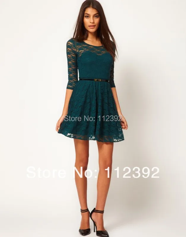 2014 Autumn Winter Hot Women Fashion Lace Casual Dress Half Sleeve Elegant One-piece dress Woman With Belts High Street | Женская одежда