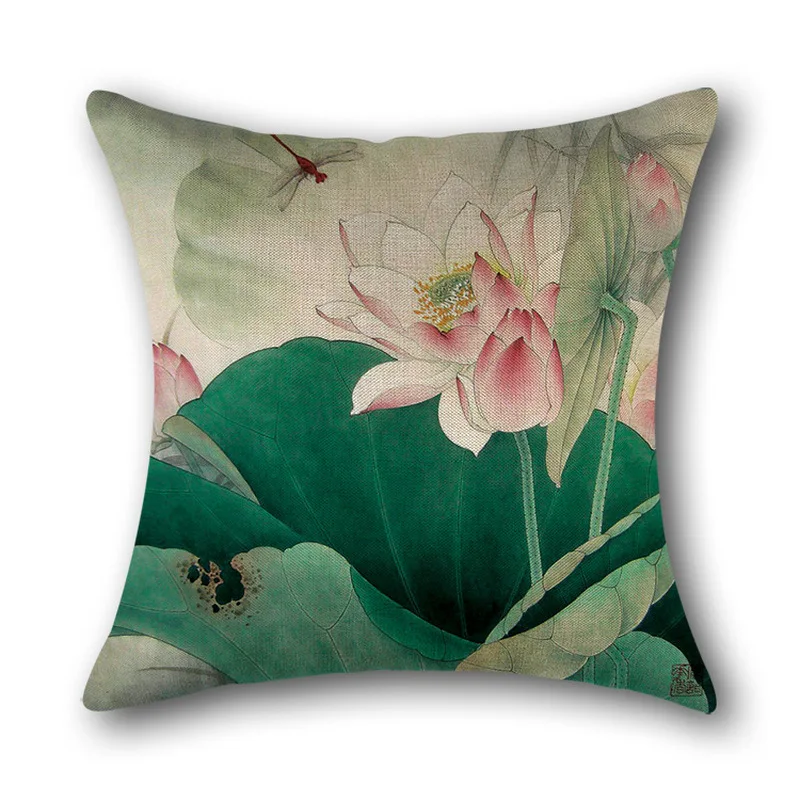 Antique Chinese style hand-painted pen lotus linen 45*45cm pillowcase sofa decoration seat cover pillow car bed cushion cover