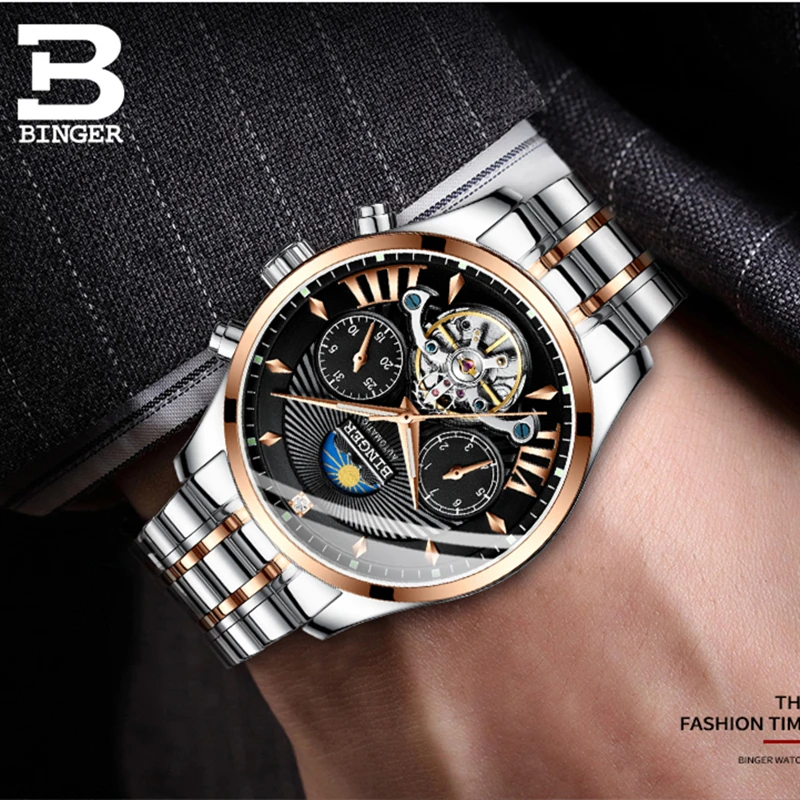 Бингер турбийон, часы-скелетоны автоматические мужские часы Роскошные Мужские механические часы кожа reloj hombre Moon Phase relogio masculino