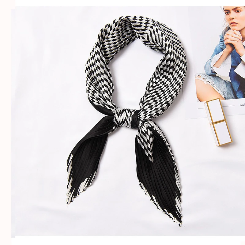 

NEW Korean Women small square silkscarfs striped pleated scarves for women girl Apparel Accessories neck imitated silk scarfs