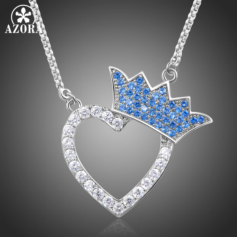 

AZORA Blue Crown Heart Christmas Necklaces Silver Pendant Link Chain Jewelry Cloth Accessories Halskette Bisuteria Mujer TN0253