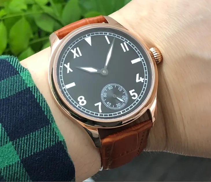 

44mm Sapphire crystal or mineral glass Asian 6498 Mechanical Hand Wind movement men's watch Rose gold case luminous pa158-p8