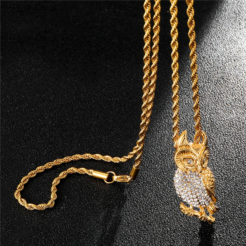 

HIP Hop Pave Animal Bling Iced Out Crystal Owl Necklaces & Pendants Chains Titanium Necklace for Men Jewelry Dropshipping
