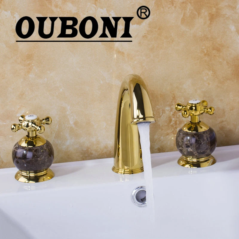

OUBONI Golden Plated Bathroom Faucet European Split Basin Mixer Tap Luxury 3PCS Set Bathtub Jade Faucet Body Cross Handles