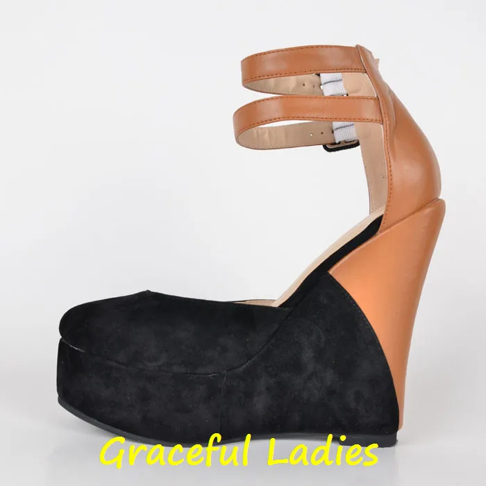 Модные нарядные разноцветные туфли Очаровательные женские босоножки из мягкой кожи на платформе-танкетке Обувь с закрытым носом Женская обувь на высоком каблуке