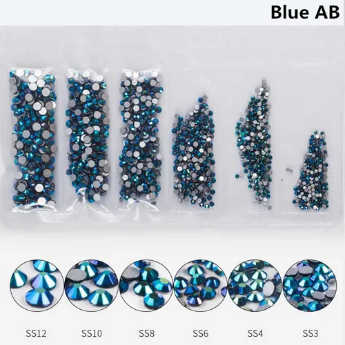1 упаковка, черные Стразы для ногтей, стекло с плоской задней поверхностью, смешанный размер, SS3-SS12, украшение для ногтей, камни, блестящие драгоценные камни, аксессуары для маникюра, инструмент - Цвет: 6 Blue AB