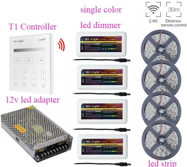 

5~20m 5050 Single Color Led Strip+2.4G T1 Wall Mount Led Touch Panel AC90-240V+Mi.light Led Dimmer Controller+12V Led Adapter
