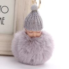 Sleeping baby Fluffy Fur pompom Keychain Rabbit Fur Ball bunny key chain pompon porte clef Key ring llaveros sleutelhanger