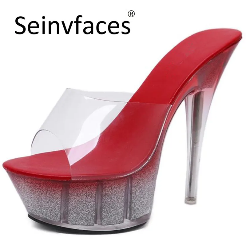 Ladies summer sexy red black glass transparent club catwalk model pole dance on the platform thin high heels slides slippers F15 | Обувь