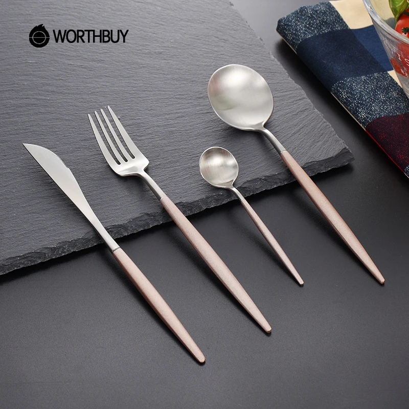 

WORTHBUY 4 Pcs/Set Western Portable Cutlery Set 304 Stainless Steel Tableware Knife Spoon Fork Dinnerware Kitchen Dinner Set