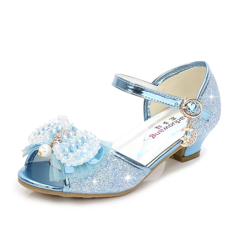 Princess Style Party Shoes Children Sandals Girls Glitter Wedding Crystal High Heel Shoes Open Toe Kids Sandals for Girl CSH819 - Цвет: Синий