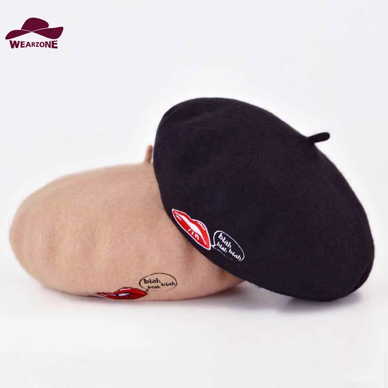 

fashion woman100% Wool winter beret hat Berets sexy red Lips embroidery Hats elegant felt Beret Baret Hats Boinas Mujer Caps