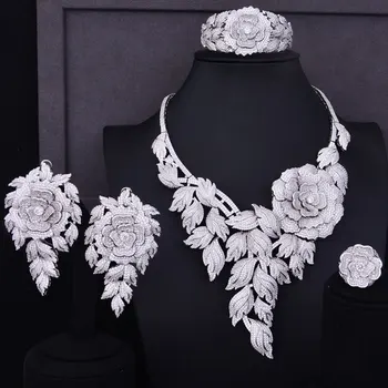 

GODKI Super Luxury Boom Rose Flower Cluster Women Wedding Cubic Zirconia Statement Necklace Earring Bangle Ring Jewelry Set