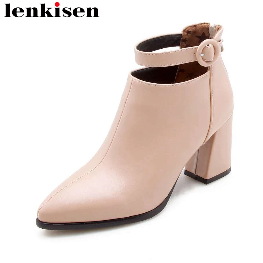 

Lenkisen solid buckle belt pointed toe thick high heels zipper large size pu concise brand office lady women ankle boots L8f4