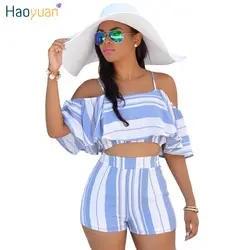 HAOYUAN Полоса Из Двух Частей Женщины Playsuit Рюшами Sexy Боди Растениеводство Топ Bodycon Комбинезоны С Плеча Пляж Комбинезон Женщины Комбинезон