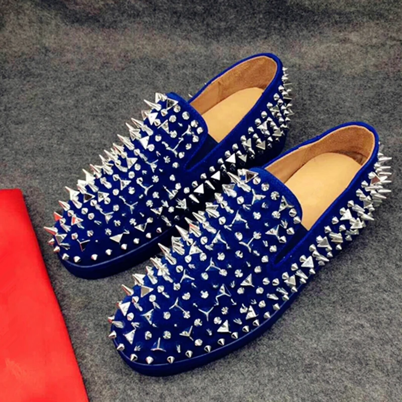 

Hanbaidi Runway Top Quality Red Sole Men Shoes Blue Sequin Spikes Men Loafers Fashion Rivets Casual Dress Shoes Men Flats Suede