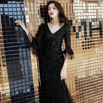 

Women's Elegant Mermaid Gold Sequins Dress Half Sleeve Evening Dress Party Long Prom Dress vestido de noche