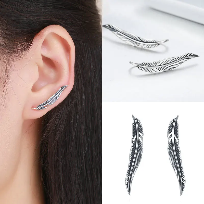 925 Sterling Silver Korean Feather Rose Flower Star Plane Cuff Stud Earrings for Women Fashion Women Earrings 2018 brincos s925 - Image 5