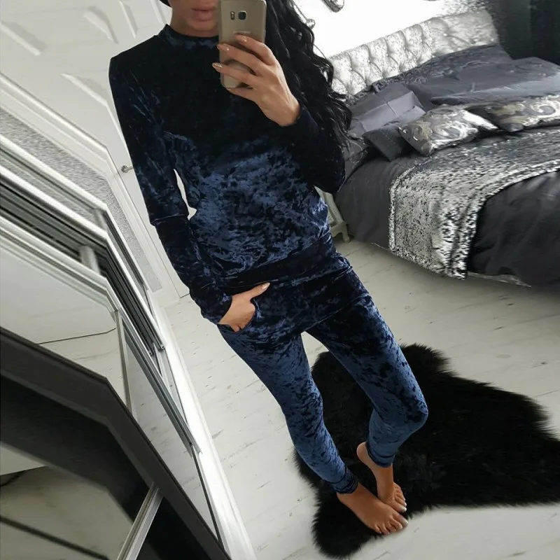 Брендовый женский модный Блестящий Теплый Бархатный спортивный костюм из 2 предметов, облегающие штаны с длинным рукавом и круглым вырезом, пуловер, толстовка с капюшоном - Цвет: BLUE