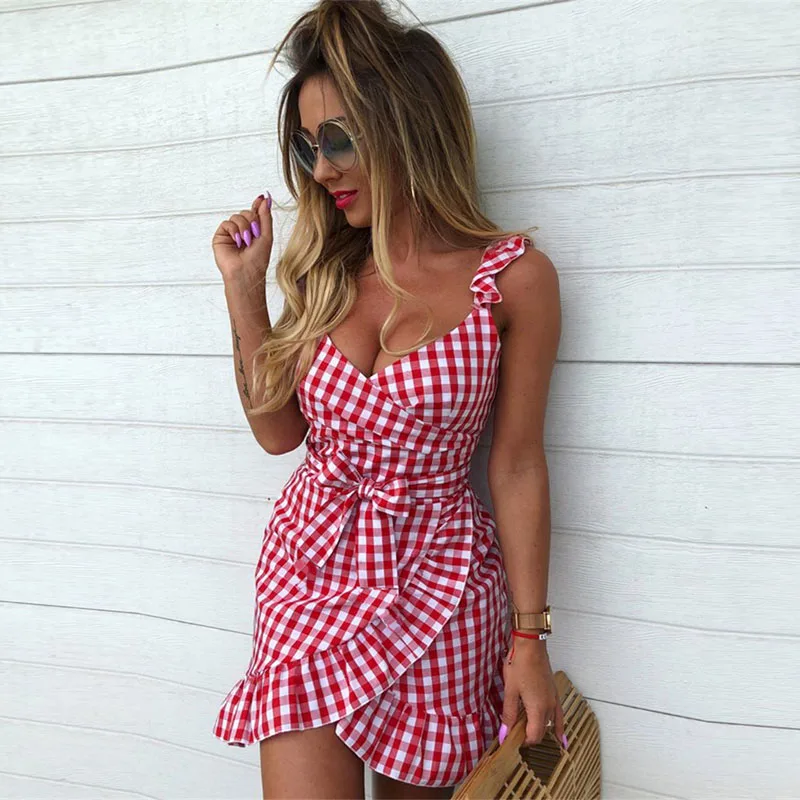 

Backless Boho Dress Asymmetrical Streetwear Ruffles Spaghetti Strap V-Neck Female Mujer 2019 Spring Summer Red Plaid Dress