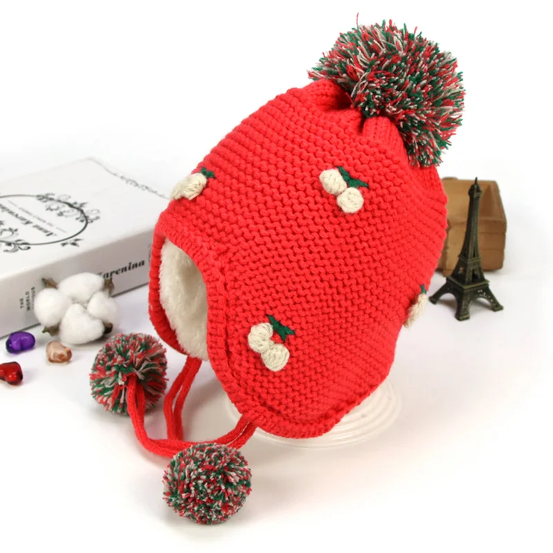 Cheery Knit Baby Hat Warm Velvet Winter Hat For Girls Ear Protect Lace Up Baby Beanie Pompom Cute Toddler Hat Baby Girl Clothing (8)