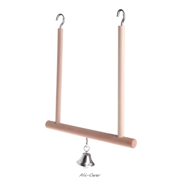 

Birds Perch Parrot Play Toys Stand Holder natural Wooden Swing Bell Cage Hanging