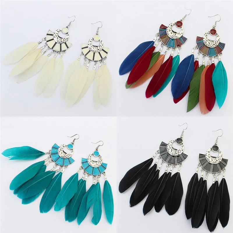 Best Lady 2017 Long Tassel Fashion Feather Style Ethnic Boho Big Dangle Statement Earring Wedding Earrings Accessories GIFT