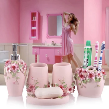

Luxurious Resin Bathroom Accessories Sets Pink Flowers Soap Dish Toothbrush Holder Eco-Friendly Bath Product Wedding Gifts