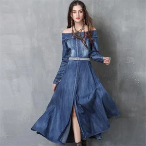 Women's Dress Fashion Loose Off-Shoulder Jeans Long Dresses Casual Long Sleeve Ladies Vintage Denim Dresses