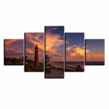 

2017 5 Pcs Picture Canvas Darkness Sunset Beach Lighthouse Lake Michigan HD Modern Painting Prints Painting Home Decor