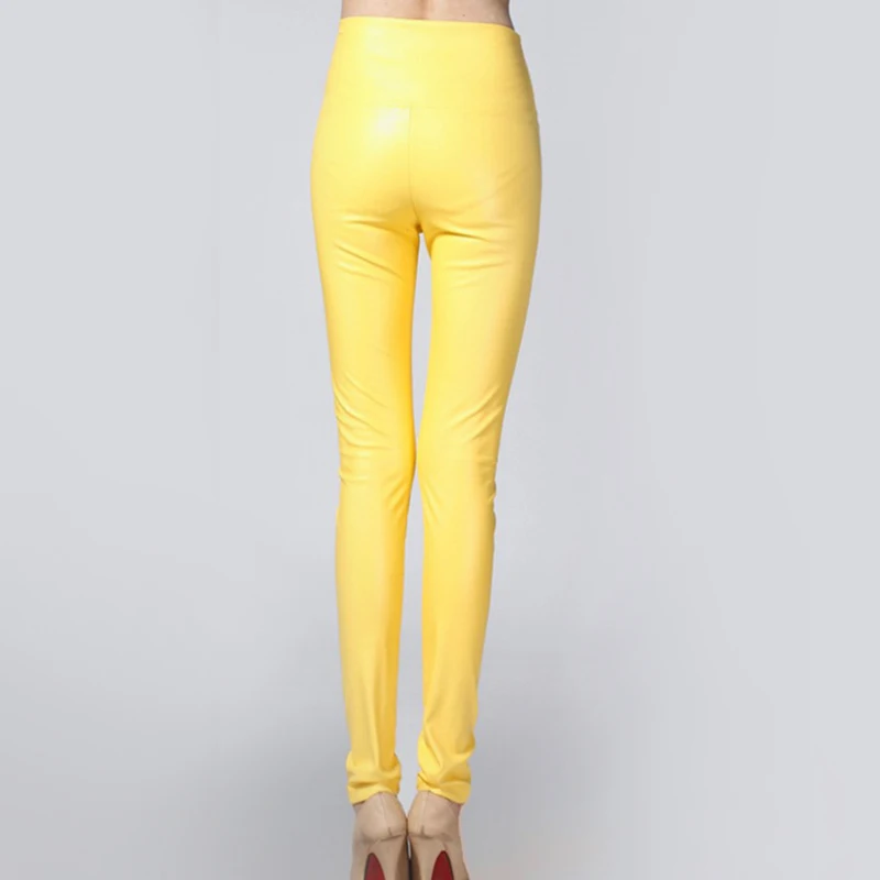 Женские брюки-карандаш из искусственной кожи с высокой талией, леггинсы Harajuku, черные флисовые брюки для женщин, Весенняя теплая белая одежда - Цвет: Yellow