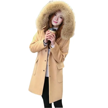 

Korean Female woolen coat 2018 Autumn and winter Slim Hooded Keep warm Big fur collar Woolen jacket Ms long Thicken Wool coat