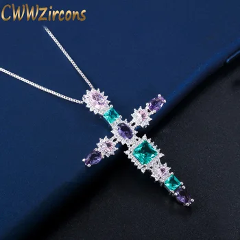 

CWWZircons Colorful Cubic Zirconia Crystal Elegant Big Cross Pendant Necklace for Women Fashion Jewelry Accessories CP045