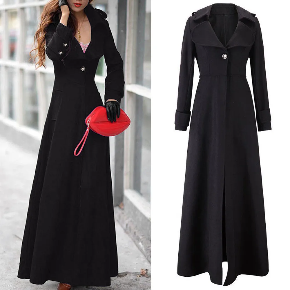 Пальто женское модное зимнее с отворотом тонкое длинное пальто ветровка на пуговицах пальто для женщин 2018Oct12