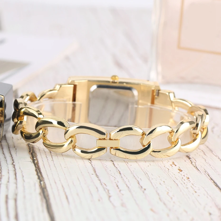 quadrado aleta capa relógio pulseira feminino relógio de ouro horloges vrouwen