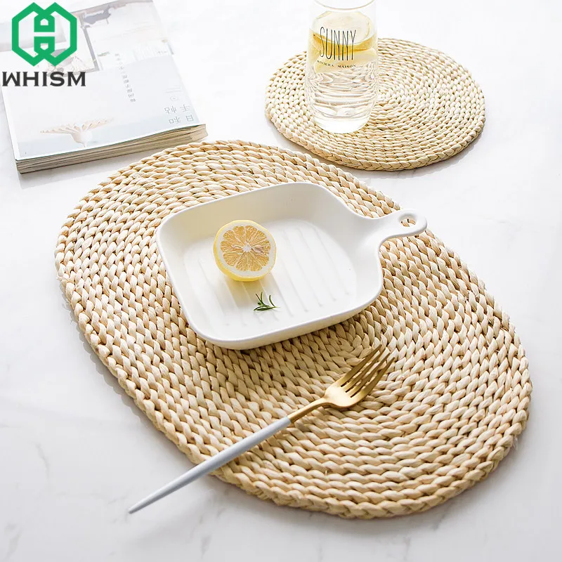 WHISM Rattan Placemats Straw Cup Coasters Dining Table Mat Heat Insulation Pot Holder Wicker Drink Coaster Kitchen Accessories